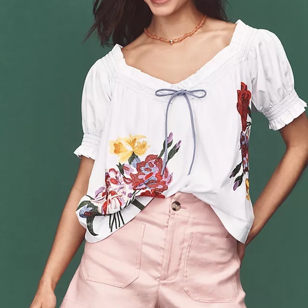 By Anthropologie Puff-Sleeve Tie-Front Embroidered Blouse